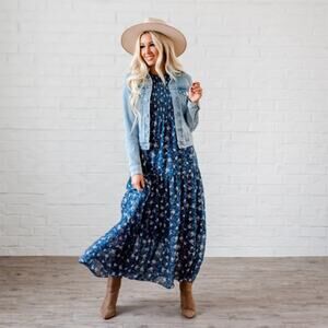 SIGN HERE Floral Smocked Short Sleeve Blue Maxi Dress | S